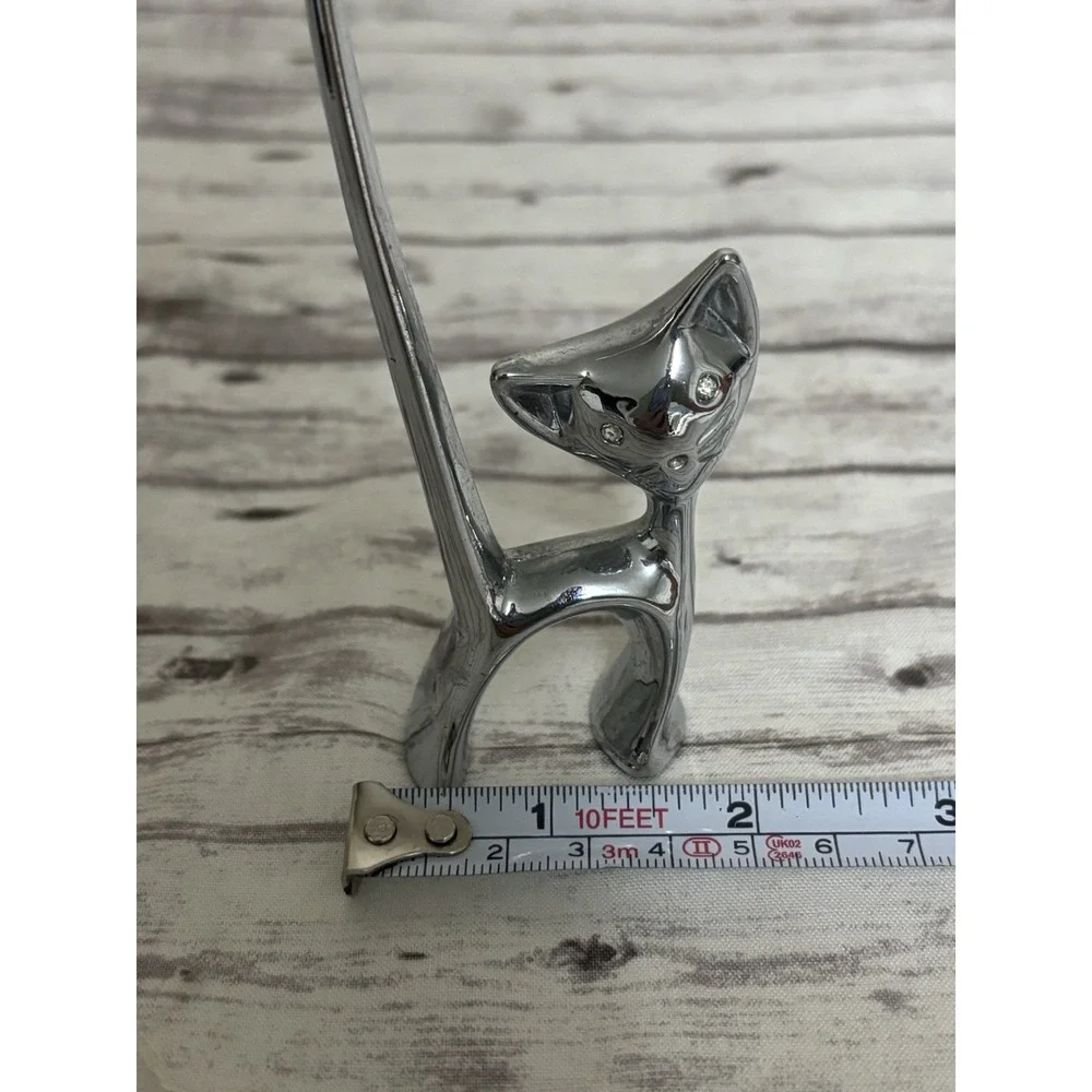 Vintage MCM Metal Silver Tone Kitty Cat Ring Holder Rhinestone Eyes Long Tail